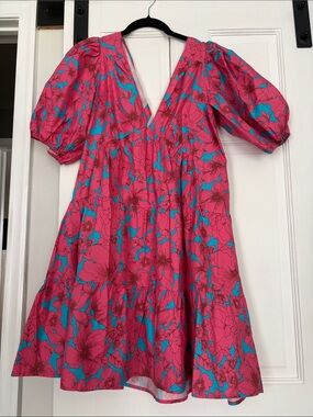 XiRENA Pink and Turquoise Floral Puff-Sleeve Dress